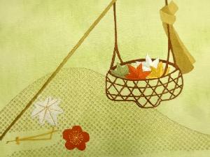 アンティーク　手織り紬籠に紅葉・松葉模様刺繍名古屋帯
